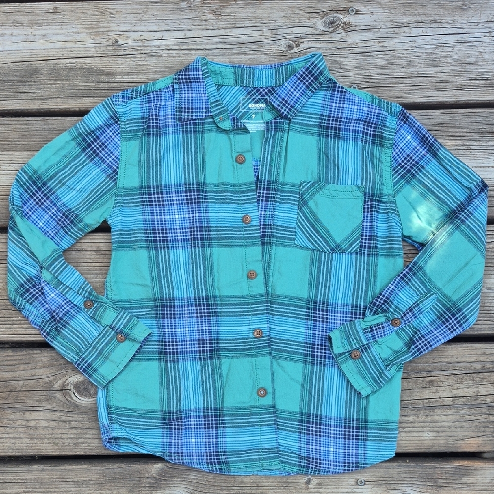 Plaid Button Shirt in Teal and Navy Blue